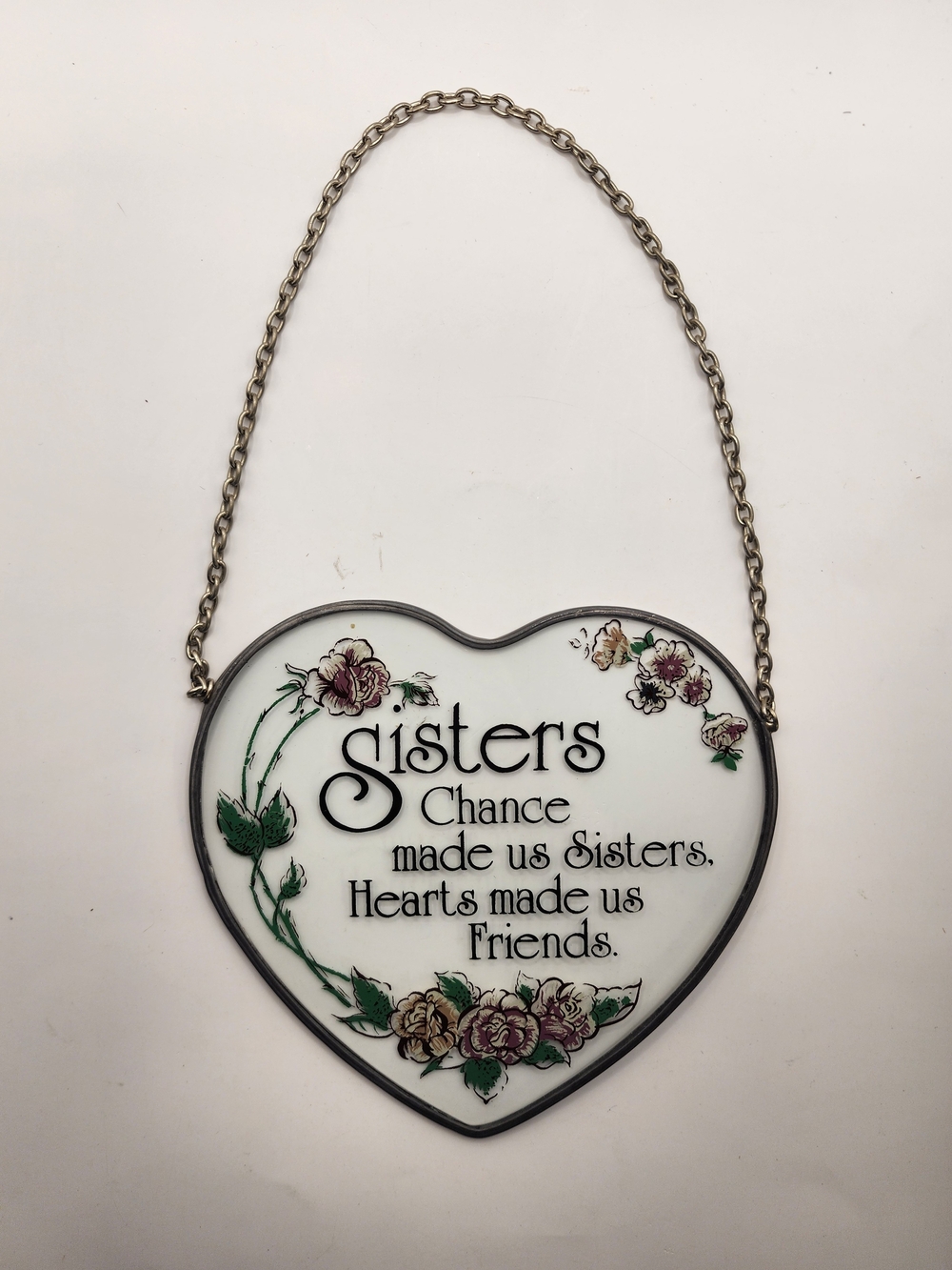 Vintage Interpur heart-shaped‎ glass wall plaque "Chance made us Sisters"